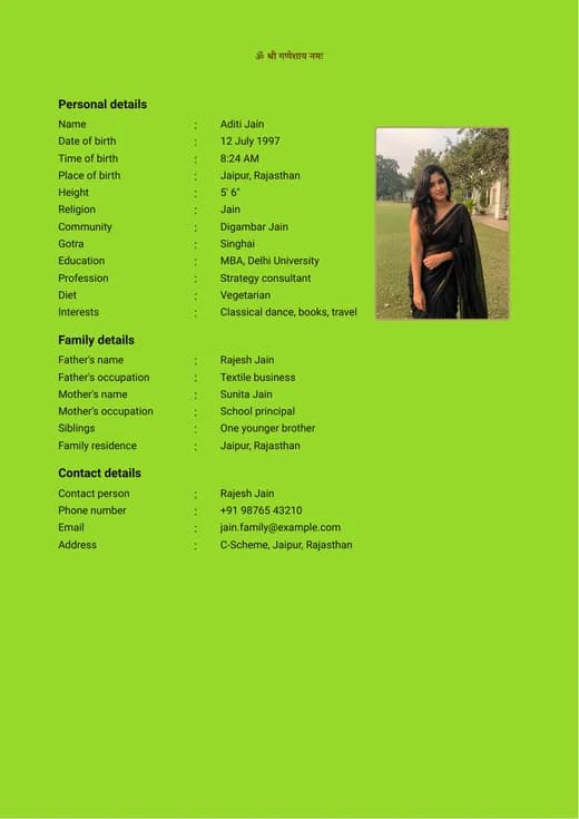 Light green marriage biodata template preview