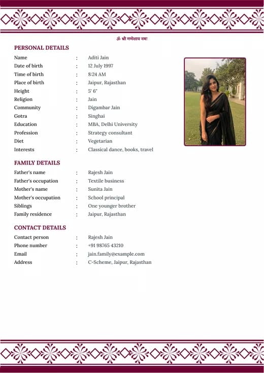 Red bordered marriage biodata template preview