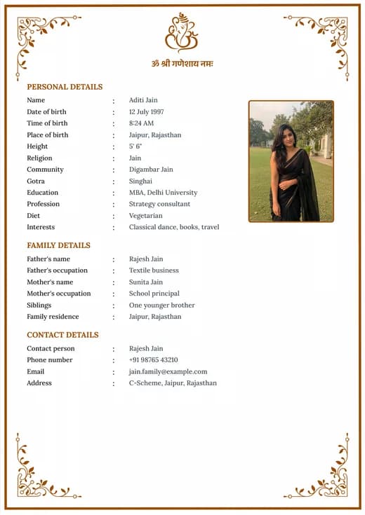 Popular Hindu marriage biodata template preview