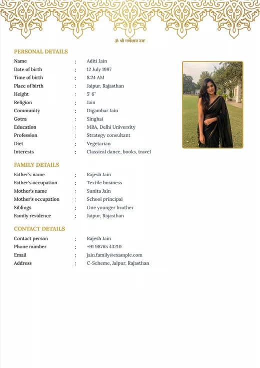 Yellow bordered marriage biodata template preview