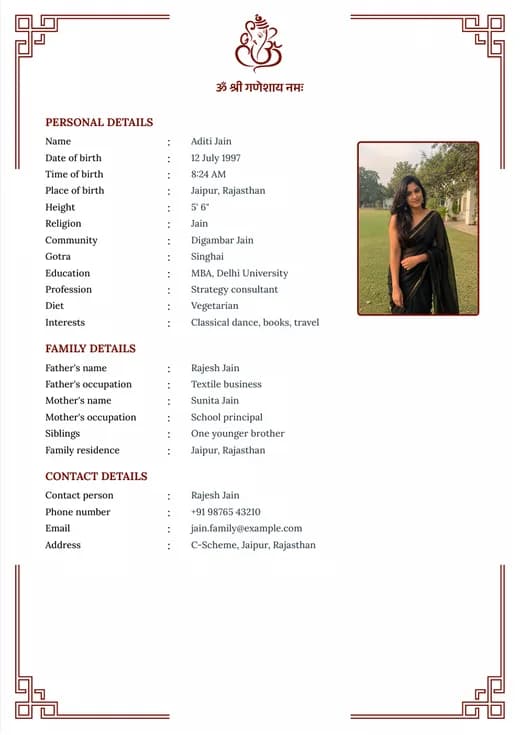 Clean Hindu marriage biodata template preview