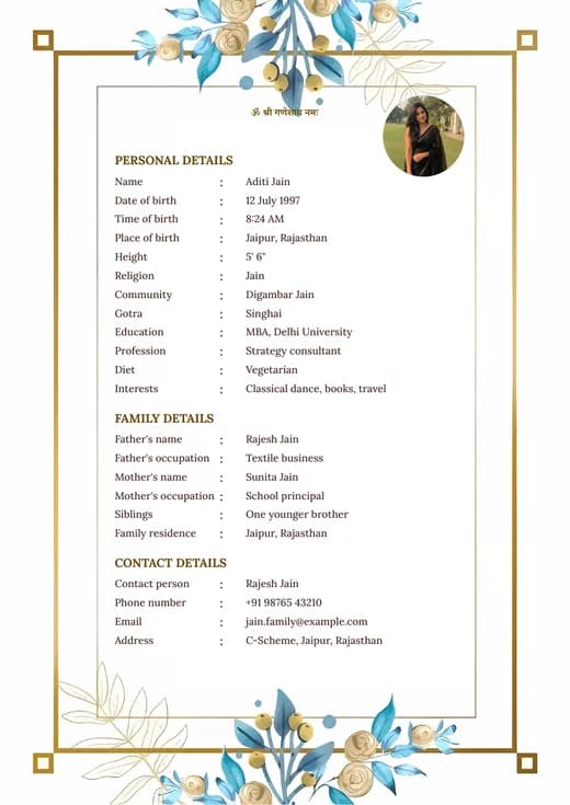 Flowers marriage biodata template preview