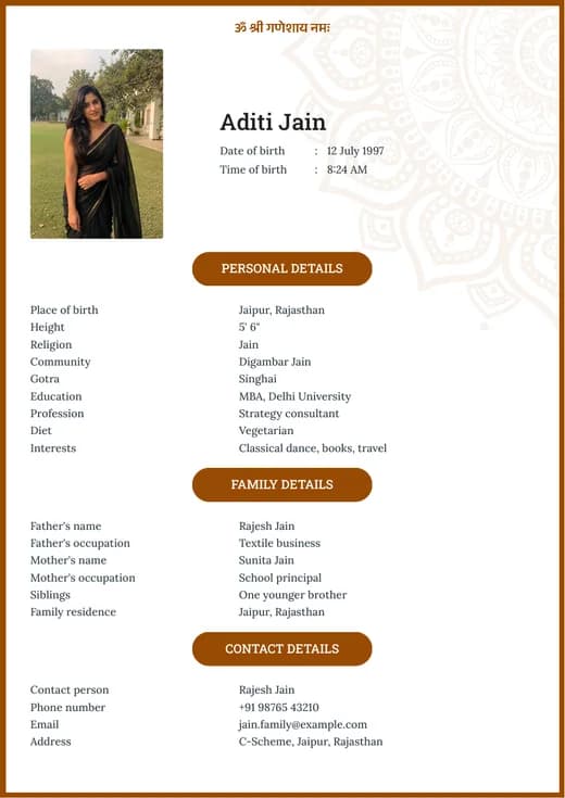 White & brown marriage biodata template preview
