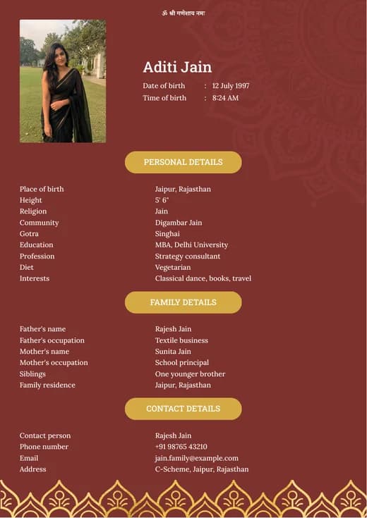 Red background marriage biodata template preview