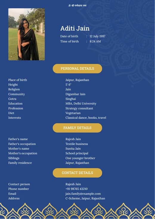 Blue background marriage biodata template preview