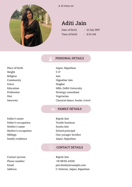 Pink theme marriage biodata template preview