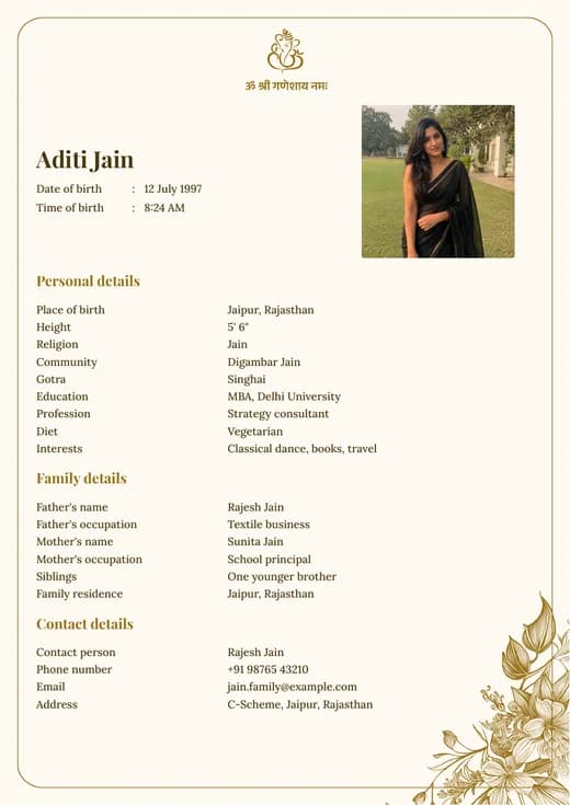 Cream & gold marriage biodata template preview