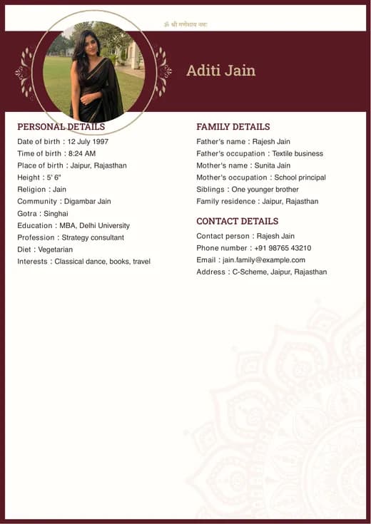 Red & gold two column marriage biodata template preview