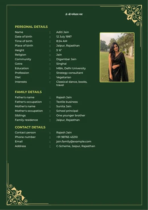 Green background marriage biodata template preview