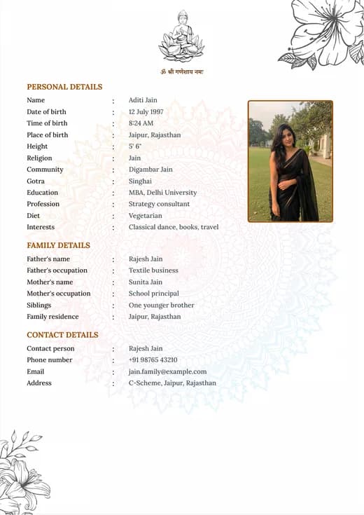 Gautam Buddha marriage biodata template preview