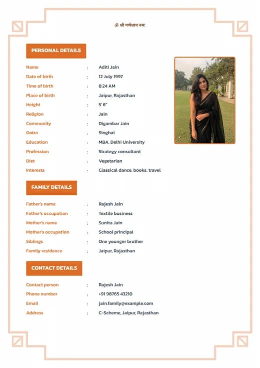 Orange bordered marriage biodata template preview