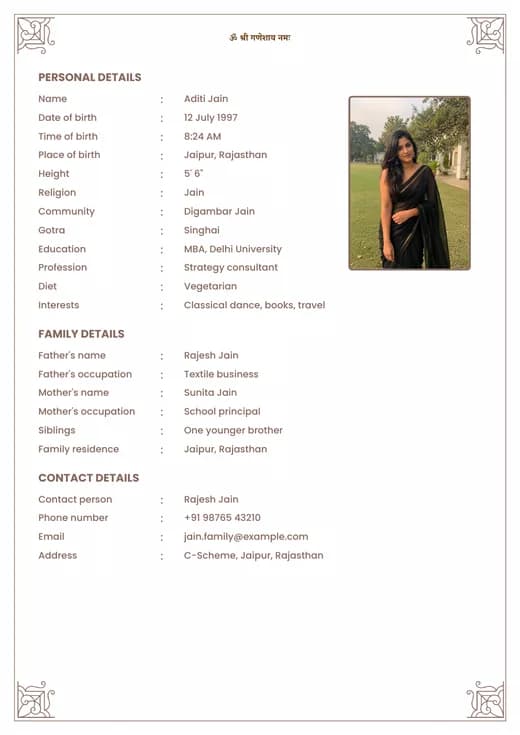 Classic marriage biodata template preview