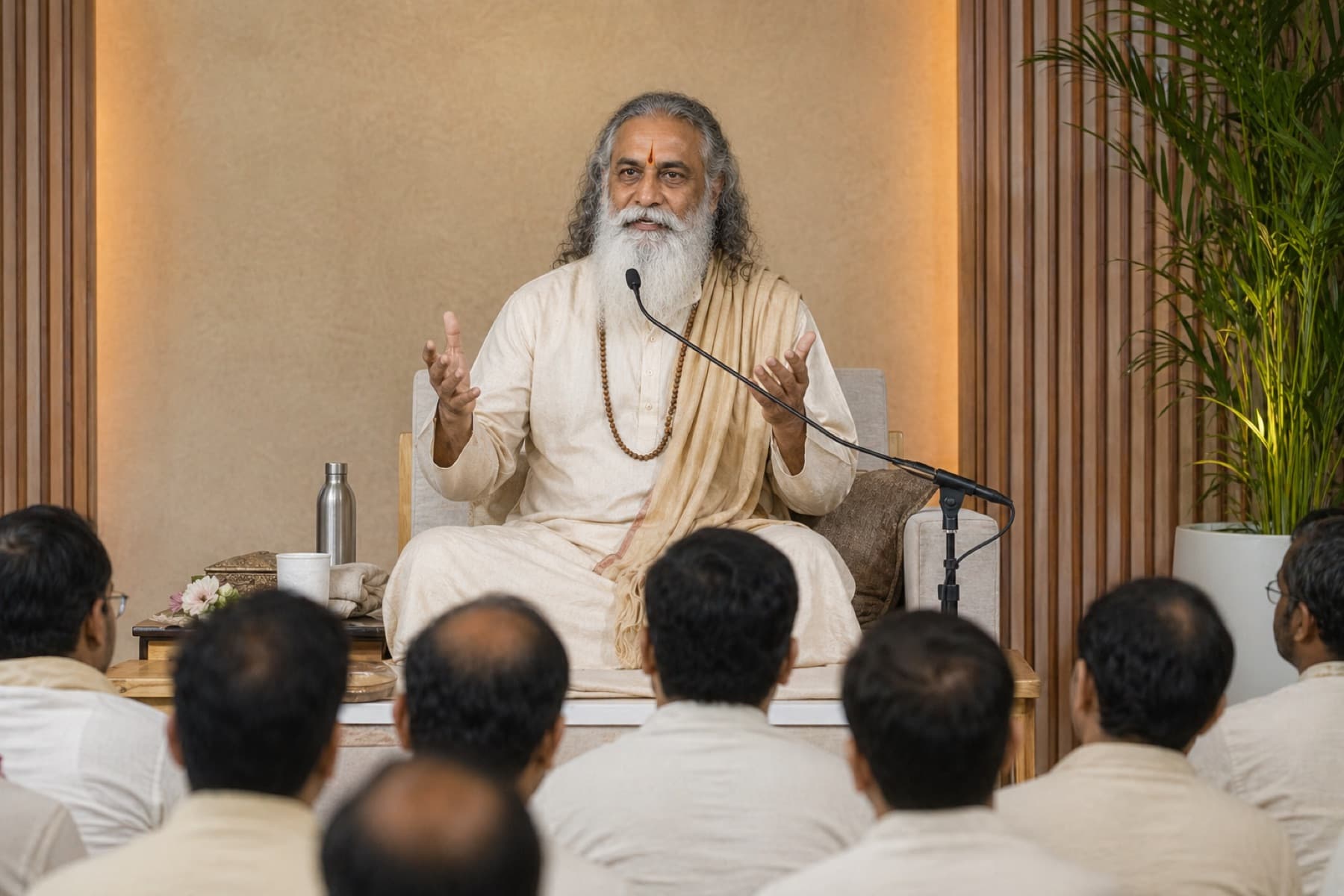 केसरिया-धवल वस्त्रों में स्वामी पराशर, ध्यानमग्न मुद्रा में।