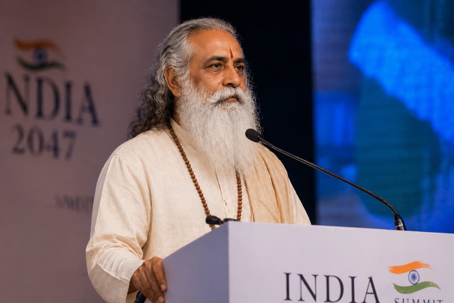 केसरिया-धवल वस्त्रों में स्वामी पराशर, ध्यानमग्न मुद्रा में।